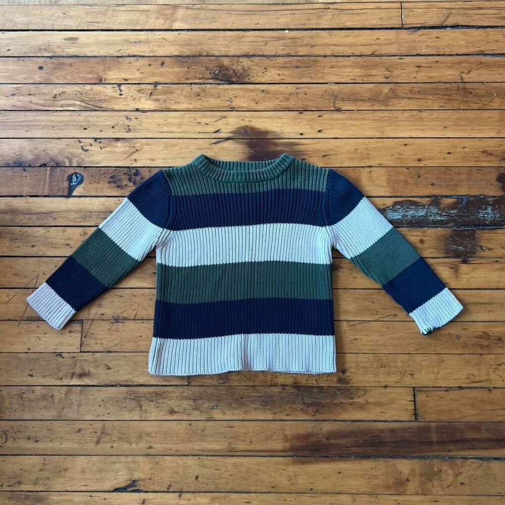 The Children's Place Boys Ribbed Striped Crewneck Sweater Green Navy Cream XS 4